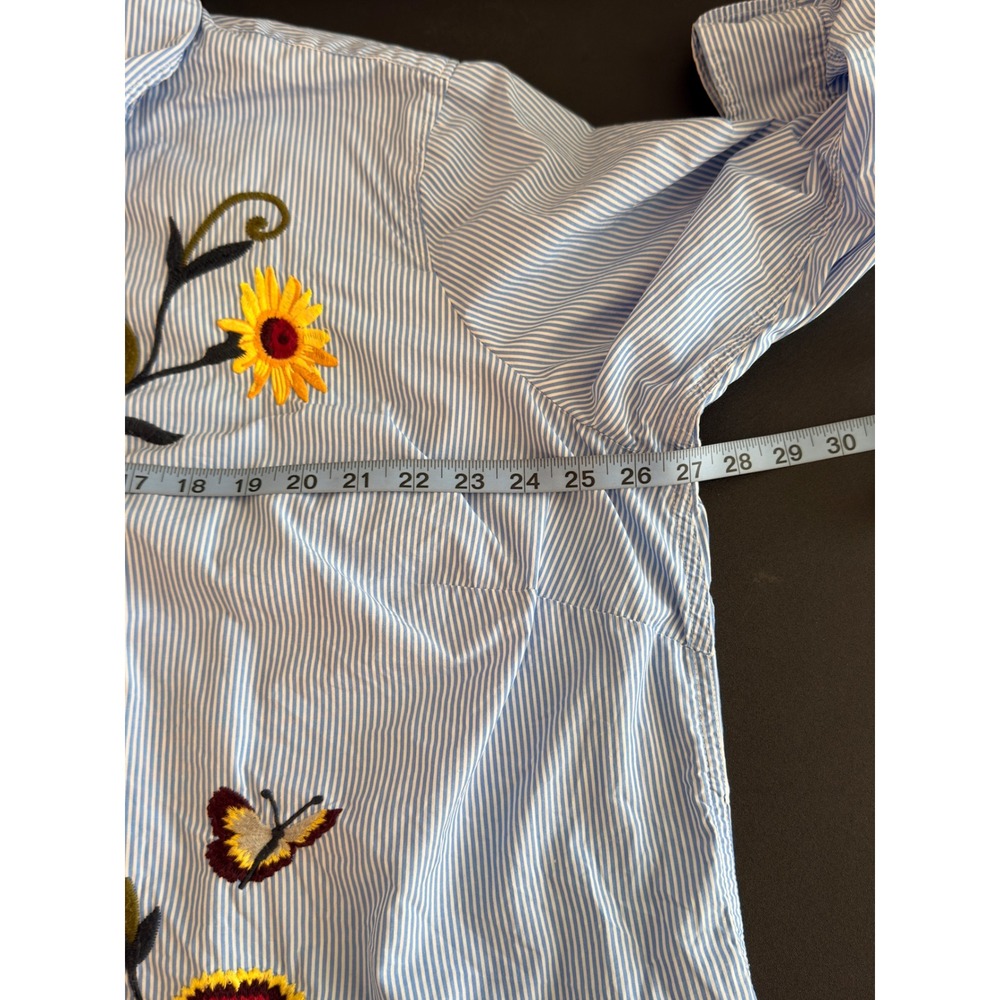 Talbots Woman Striped Button Down Blouse Shirt Floral Embroidered Blue White 3X - Picture 12 of 13